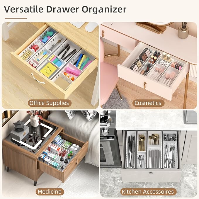 4 PCS Desk Drawer Organizer Tray, Office Drawer Organizer Bins | 8 pcs Dividers Adjustable, 16 pcs Non-Slip Silicone Pads, Makeup Vanity Organizer for Drawer, Plastic, White
