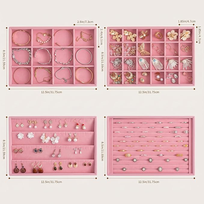 Jewelry Trays for Drawer,Set of 4 Jewelry Organizer and Storage | Velvet Material,Stackable,Adjustable Dividers,Drawer Inserts for Rings Studs Bracelet,Earring Organizer for Women Girls