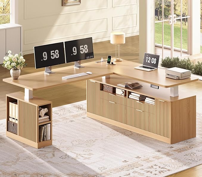 SEDETA L Shaped Electric Standing Desk, 69" x 55"Height Adjustable Office Executive Desk with 4 Drawers and Storage Shelves, Fluted Sit Stand Computer Desk with Power Outlet for Home Office (Natural)