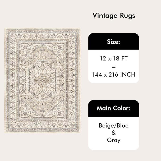 12x18 Area Rug for Living Room: Large Washable Oriental Rugs Non Slip Backing Stain Resistant Carpet for Bedroom Indoor Soft Low Pile Floor Mat for Dining Room Home Office Decor