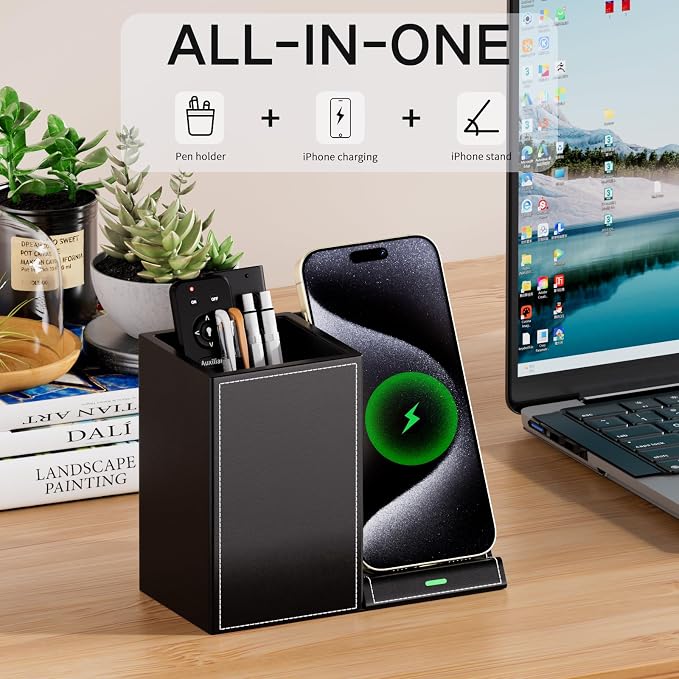 LADSTAG Pen Organizer with Phone Stand,Black Vegan Leather Desk Organizers with Remote Control Holder,Pencil Holder for Desk,Desk Organizer with Phone Charger for Office/Nightstand/Endtable