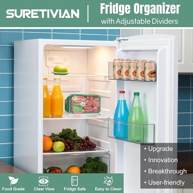 Freezer Organizer,12" Visible Fridge Organizer Rack with Removable Dividers | Freely Adjustable,Easy to Pull Out and Carry Handle, Fits Refrigerator Frozen Meals, Lunch Meat Box, Cheeses, White