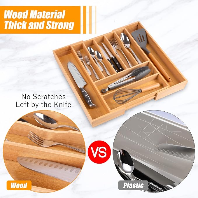 Large Premium Bamboo Silverware Organizer - Expandable Utensil Drawer Organizer - 17"x19.6" Utensil Holder and Cutlery Tray with Grooved for Kitchen Flatware and Utensils Mother's Day Gift