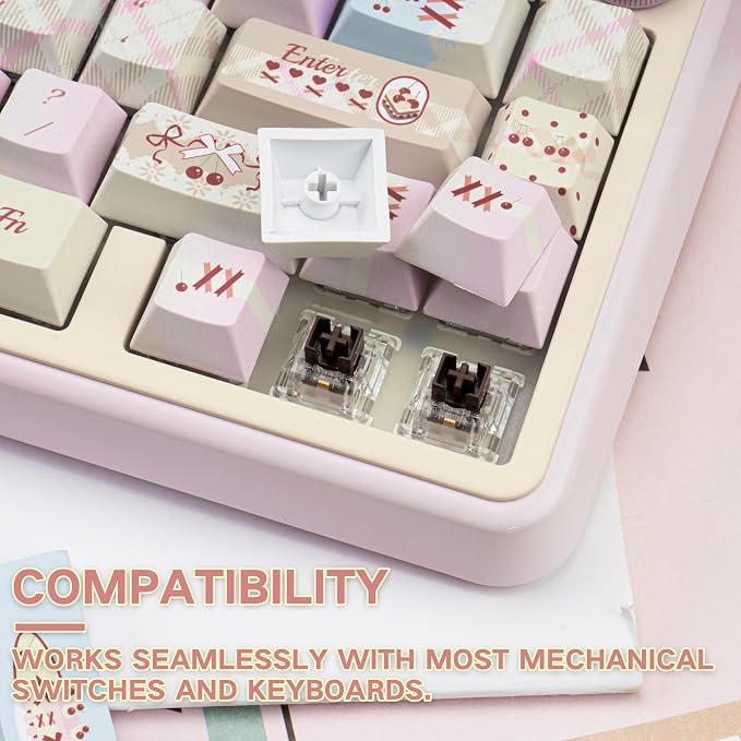 Dye Sub PBT Keycaps Set 145 Keys, Cute Pink Keycap, Cherry Profile Custom Keycaps 60 65 75 100 Percent for 61/64/68/84/87/100/104/108 ANSI ISO Layout MX Switches Gaming Mechanical Keyboard