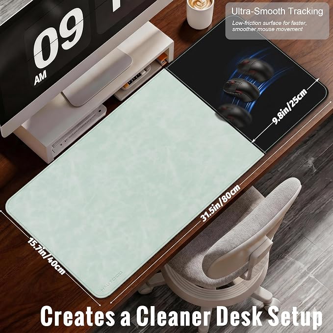 HAUTOCO Cork Desk Mat 31.5"x15.7", Distressed PU Leather & Cloth Desk Pad | Waterproof, Non-Slip, Stitched Edges, Mint Green Large Gaming Mouse Pad, Laptop Blotter & Desk Protector for Office and Home