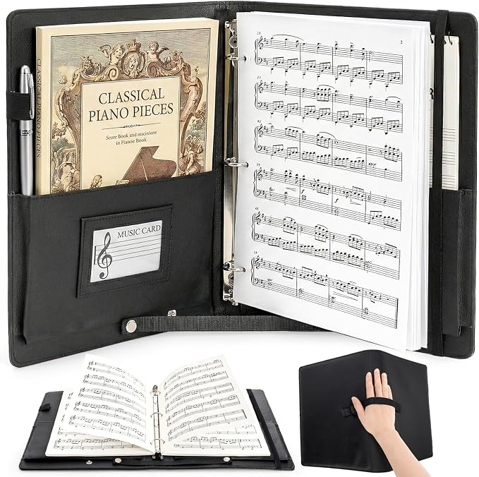Sheet Music Folder, 3 Ring Choir Music Holder with Adjustable Handle Strap, 13'' x 10'' PU Leather Black Piano Sheet Binder Organizer for 8.5'' x 11'' Letter Size, A4 Paper (Pages Not Included)