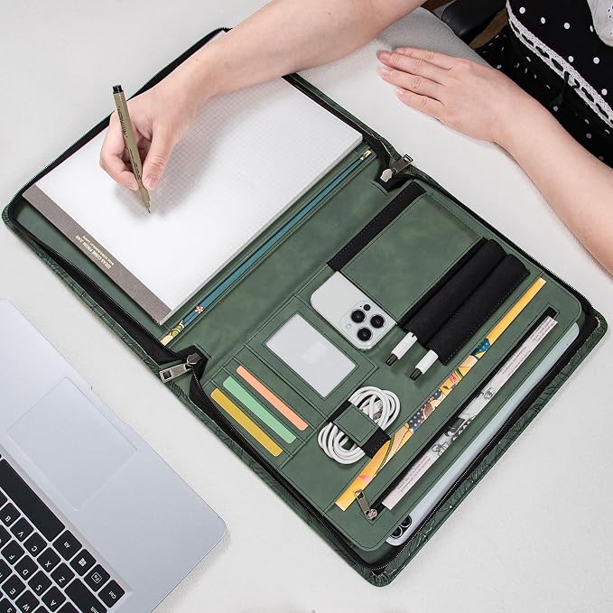 AZXCG Leather Portfolio with Zipper,Embossed PU Leather Padfolio Folio,Professional Business Document Organizer with A4 Letter Sized,Writing Pad Holder,Gifts for Women/Men (Dark Green, Custom)