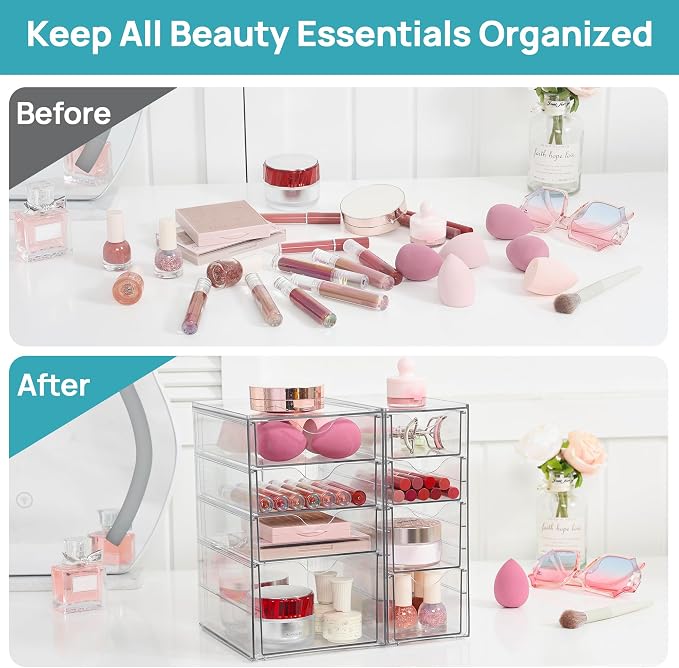 Vtopmart Acrylic Desk Organizer with 8 Drawers for Office, Makeup, Crafts | Clear Storage Drawers for Office Supplies, Desktop Organization for Makeup, Jewelry, Art Crafts, Bead, Pen, Stationary