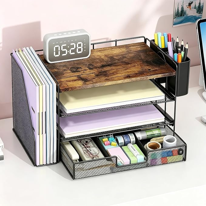 OPNICE Wood Desk Organizers and Accessories, 4-Tier Desktop File Organizer with Drawer and 2 Pen Holders, Office Desk Accessories Workspace Organizers for Office Supplies(Wood)