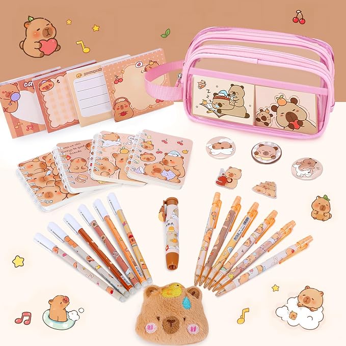 Capybara Theme Clear Backpack, 28Pcs School Supplies Stationery Transparent Backpack Set with Lunch Box Pencil Case Pens Notebooks for Kids Girls Elementary Middle School Stadium Approved