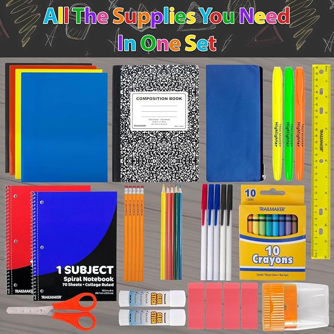 Trailmaker 480 Pack Bulk School Supply Kits | 45 Piece Classroom Supply Sets for Elementary & Middle School | Notebooks, Pencils, Crayons & Essentials | Ready-to-Distribute Kits for Teachers, Districts & Organizations