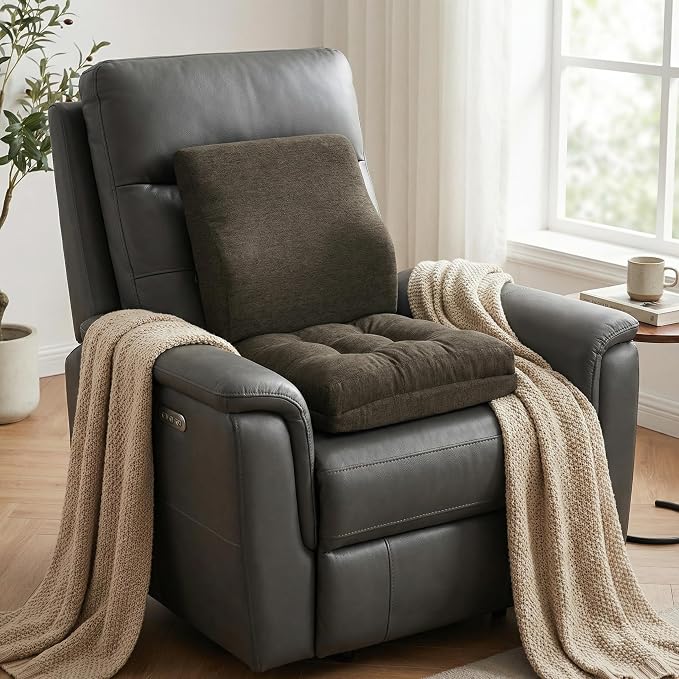 baibu Memory Foam Small Recliner Cushions with Lumbar Support Pillow Set, 18x16x4 Inch Dual-Layer Design Non-Slip Recliner Seat Cushion & Back Support Pillow for Reduce Hip & Lumbar Pain, Brown