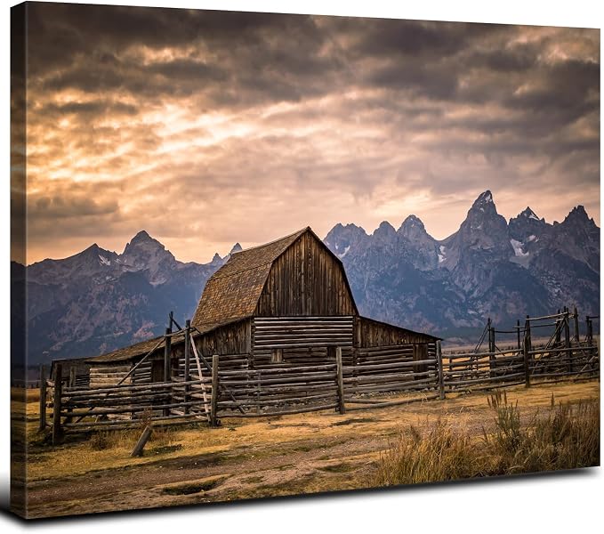Grand Teton National Park Canvas Wall Art Sunset Moulton Barn Landscape Wall Decor, Wyoming Nature Mountains Scenery Picture Artwork Painting Decoration for Home Living Room Bedroom Kitchen 12x16"