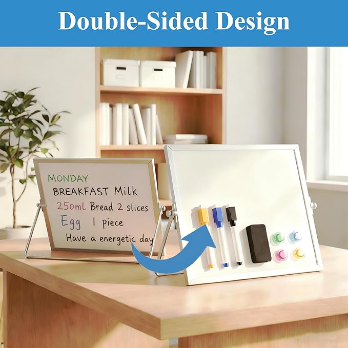 Small White Board with Stand, Double-Sided Desktop Whiteboard with 10 Markers, 4 Magnets & 1 Eraser, 10" x 10" Mini Dry Erase Board for Desk, Office, Kitchen, School, Kids Room