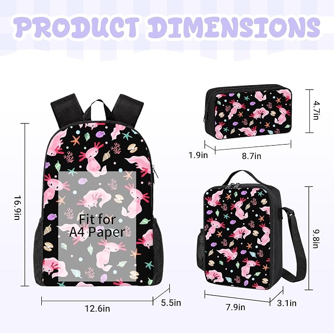 3PCS Axolotl Backpack for Boys Girls Teens, School Backpack with Lunch Box Pencil Case for Elementary Middle High Students, 17 Inch Lightweight Bookpack 3 in 1 Set Back to Shool Supplies for Kids