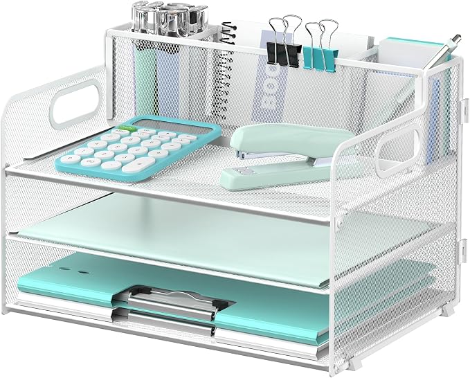 3-Tier Desk Organizer with Pen Holder and Handles, Paper Organizer, White | Desk Organizer and Paper Organizer for Desk with Pen Holder, Paper Trays and Handles for Files, Mail and Office Supplies