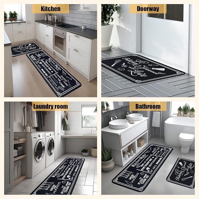 Kitchen Rug Sets of 2 Piece Non Slip Kitchen Rugs and Mats Washable Kitchen Mats for Floor Kitchen Carpet Runner Rugs Decor for Laundry Bathroom Living Room,Black Kitchen Rules 20"x 59"+20"x 32"