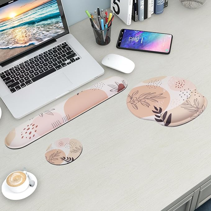 Mouse Pad and Keyboard Wrist Rest Support, with Non-Slip PU Base,Gel Mouse Pad with Coaster,Pain Relief for Gaming, Computer,Office -Boho Leaves