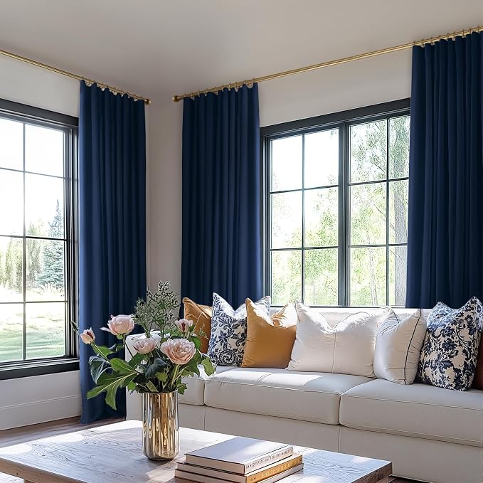 INOVADAY 100% Blackout Curtains for Bedroom, Black Out Curtains 72 Inch Long, Clip Rings Linen Blackout Drapes, Thermal Insulated Room Darkening for Living Room, 2 Panel - Midnight Blue,W50xL72