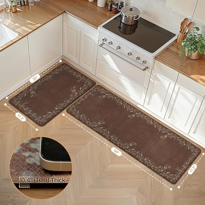 GENIMO Anti Fatigue Kitchen Mats for Floor 2PCS, Cushioned Standing Mats | 17.3"x59"&17.3"x30", Red Brown vintage floral rug set, waterproof, non slip, easy-clean for farmhouse