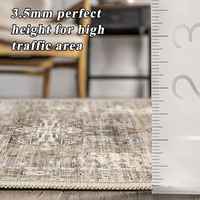 RUUGME Dining Room Rugs for Under Table - Washable Living Room Area Rug Stain Resistant Carpet Vintage Lightweight Ultra-Thin Rugs for Bedroom Kitchen with Non Slip Backing Home Decor 6x6 Beige