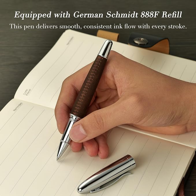 BEILUNER 318 Luxury Leather Pen, Full Grain Oil Tan Crazy Horse Cowhide Leather, Chrome-Plated Finish, Smooth Black Ink Refill, Best Rollerball Gift for Men & Women,Executive, Professional, Nice Pens