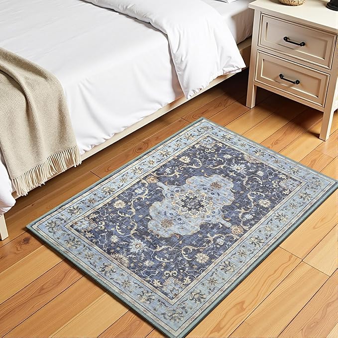 Vasofe Navy Blue 2x3 Small Front Door Mat, Bathroom Rugs, Indoor Entrance Mats, Machine Washable Low-Pile Hallway Entry Carpet, Vintage Floral Print Indoor Floor Throw Carpets for Bedside Kitchen