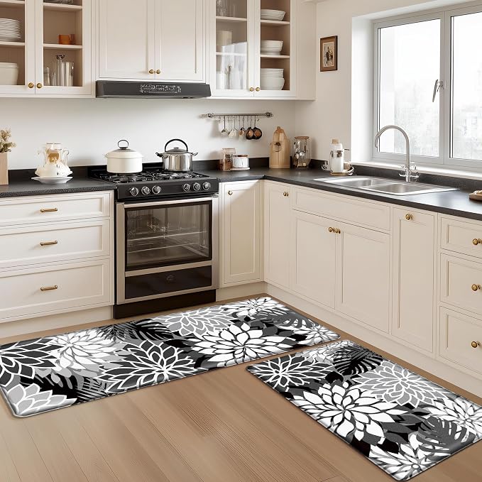 Arenarug Kitchen Mats for Floor 2 Piece Cushioned Anti Fatigue Kitchen Mats Waterproof Non Slip Kitchen Mat Rug Set Comfort Foam Standing Mat for Sink, Laundry, Office, Black White