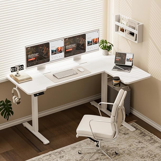 Acrolix L Shaped Electric Standing Desk - 43x31.5 Inch Reversible Corner Sit Stand Desk with Hook&Cup Holder,Electric Height Adjustable Table,for Small Home Office&Bedroom Computer Desk, White