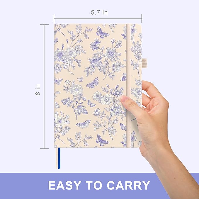 &And Per Se Dotted Journal Notebook, A5 Hardcover Aesthetic Dotted Notebook – 160 Pages 100gsm Thick Dot Grid Paper, 3 Sticker Sheets – Gift-Ready Journaling Kit for Women (Blue Flowers)
