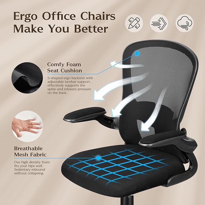 FelixKing Office Desk Chairs, Ergonomic PC Desk Chair with Wheels, Adjustable Lumbar Support and Height, Swivel Computer Chair with Flip-up Armrests, Ergo Mesh Backrest for Working (Black, Pack of 2)
