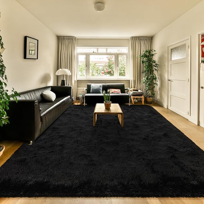 HOMORE 9x12 Rug for Living Room, Black Rugs for Bedroom Fluffy Large Rug for Kids Playroom Classroom, Modern Shaggy Rugs and Carpets for Farmhouse Dining Room Decor