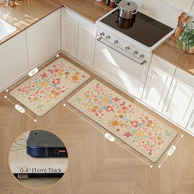 GENIMO Anti Fatigue Kitchen Mats for Floor 2PCS, Cushioned Standing Mats | 17.3"x47"&17.3"x30", Beige vintage floral rug set, waterproof, non slip, easy-clean for farmhouse