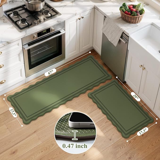 KIMODE Kitchen Mats for Floor Cushioned Anti Fatigue,Green Boho Home Decor | Scalloped Rugs for Kitchen Floor Non Slip,Farmhouse Kitchen Runner Rugs,Summer Laundry Room Rugs for Office Bathroom Sink