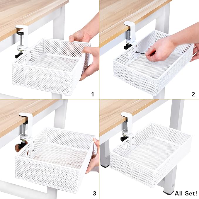 Under Desk Drawer, Clamp on Desk Organizer Hanging Desk Storage Under Table | Under desk organizer: clamp on desk drawer, 360° rotating desk basket, hanging desk organizer, clamp on desk shelf, no-drill