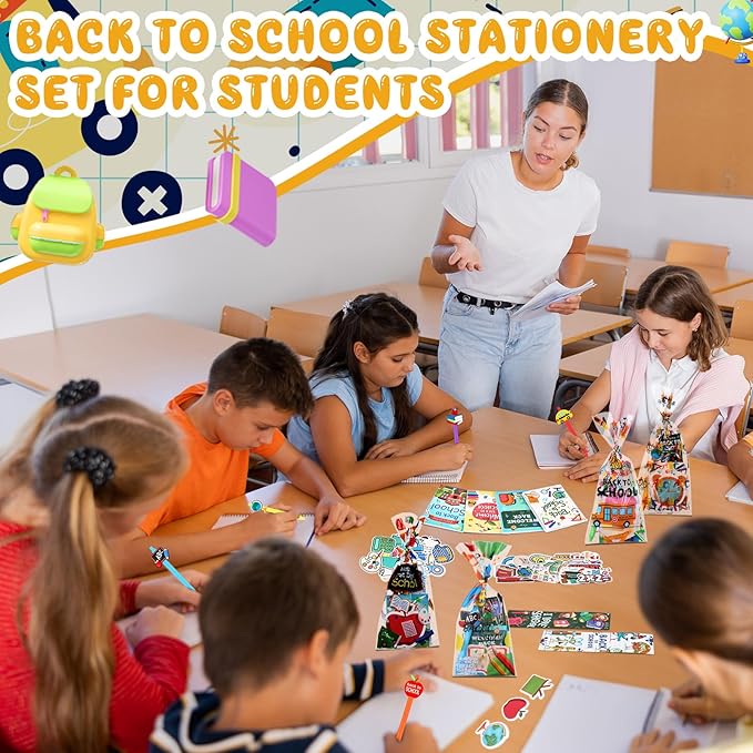 194 Pcs Back to School Stationery Set for Students First Day of School Essentials Includes Gift Bags Notebook Sticker Ballpoint Pen Bookmark for Classroom Gifts Rewards Prize Favors Supplies
