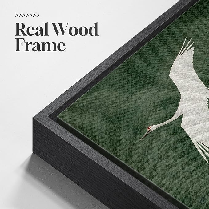 Large Framed Vintage Green Bird Wall Art for Living Room, Japanese Green Zen Asian Canvas Painting Prints Artwork for Walls, Minimalist Oriental White Crane Wall Art for Dining Room Hallway, 24x36