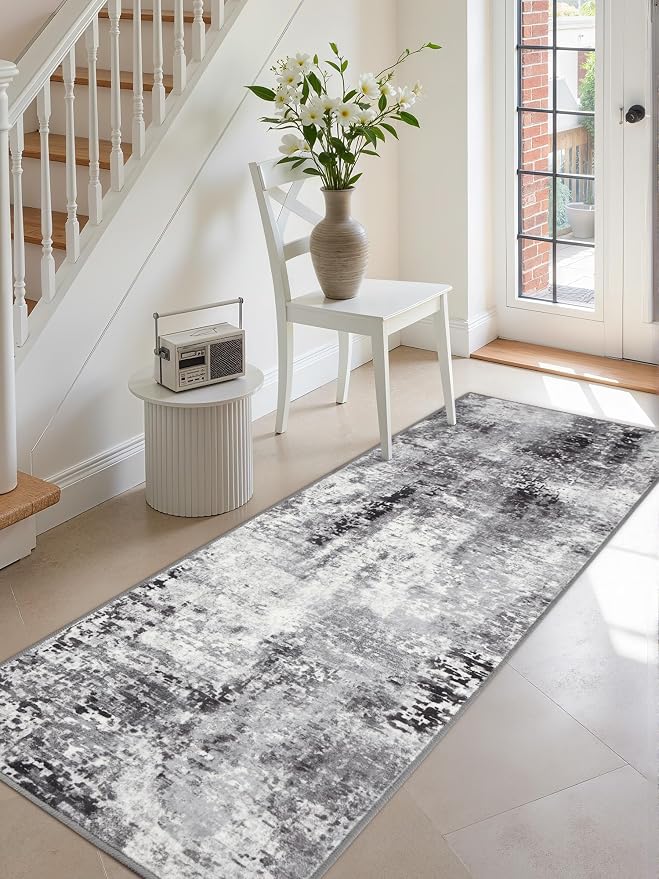 Macgace Washable Abstract Runner Rug, 2x6 Modern Area Rugs with Non-Slip Rubber Backed for Kitchen, Thin but Soft Contemporary Carpet Bedroom Entryway Hallway Decor, Dark Grey