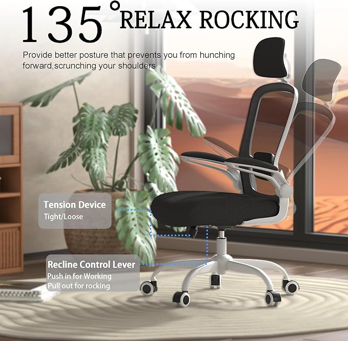 Mimoglad Office Chair, Comfy Desk Chair - High Back Ergonomic Computer Chair with Adjustable Lumbar Support & Headrest, Flip-up Armrests for Guitar Playing, Swivel Task Chair for Home and Office