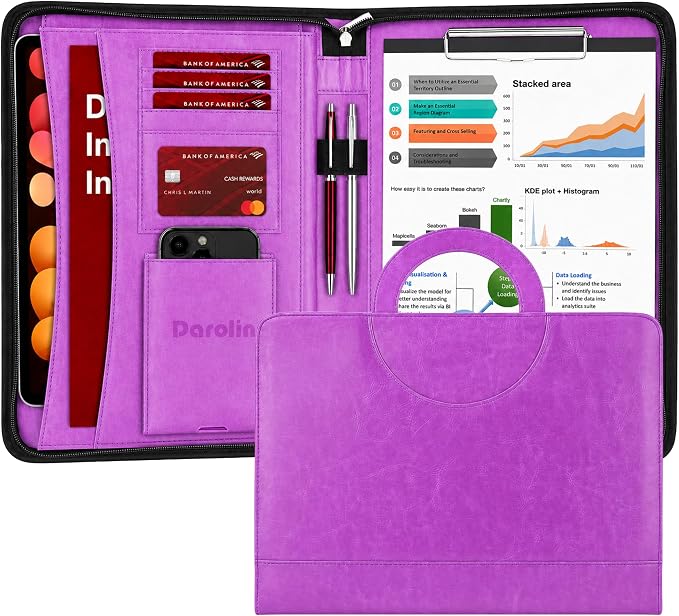 Darolin Vegan Leather Padfolio Portfolio with Handle, Zipper -Purple | Business Portfolio Organizer for Meetings, Interviews, Travel, Resume, Clipboard Fits A4, Letter Size, Padfolio for Men Women