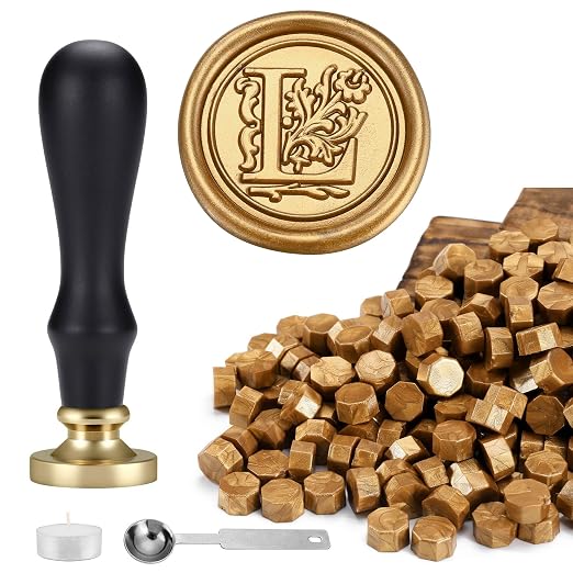 Yoption Traditional Initial Alphabet Wax Seal Stamp with 120 Antique Gold Wax Seal Beads Kit for Wedding Engagement Party Invitation Envelope Christmas Gift Wrap - Letter L