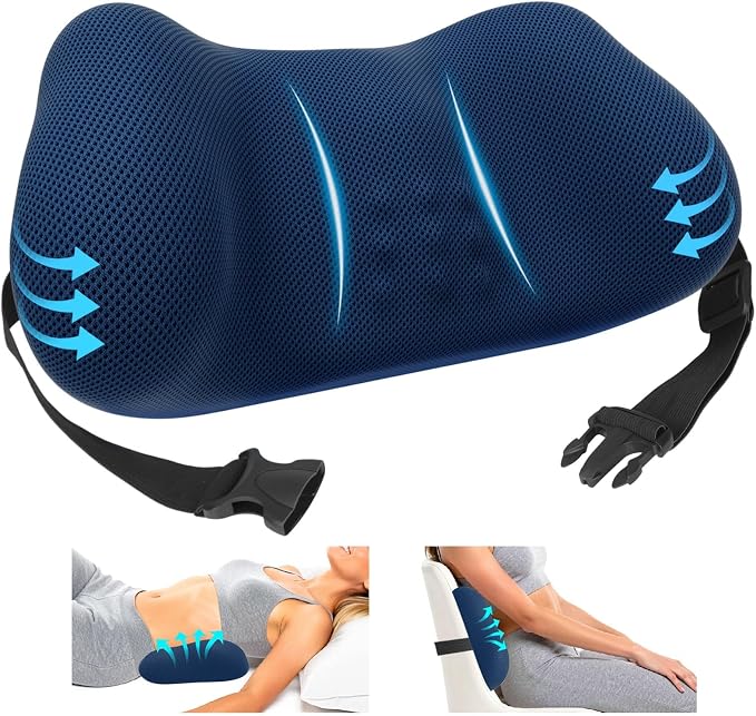 Lumbar Support Pillow for Office Chair, Memory Foam Lower Back Support, Ergonomic Lumbar Pillow with Adjustable Strap, Breathable Cover (Blue)