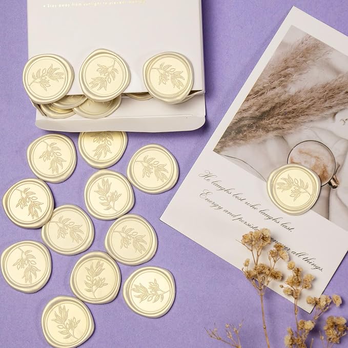 50Pcs Ivory White Self-Adhesive Wax Seal Stickers Wedding, Olive Branch Style Wax Seal Perfect for Wedding Invitation or Envelope Good Adhesion and Easy to Use