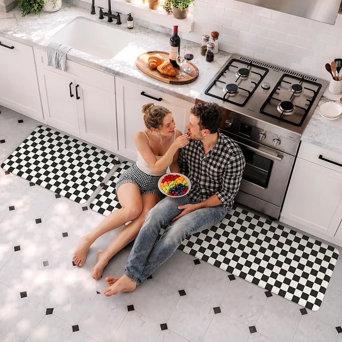 KIMODE Kitchen Mats Cushioned Anti Fatigue,Black and White Rugs for Kitchen | Padded Kitchen Floor Mats Non Slip, Farmhouse Plaid Home Decor, Laundry Room Rugs for Bath Sink Apartment RV 20"x71"+20"x32"