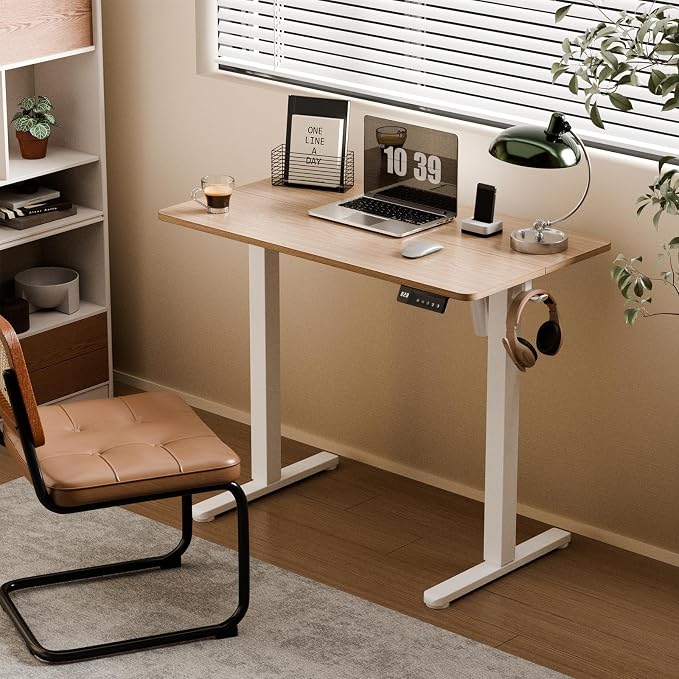 35" Electric Standing Desk, Small Sit Stand up Desk, Light Walnut | Height Adjustable Computer Desk for Home Office, Compact Work & Gaming Desk with Cable Management and Stable Steel Frame