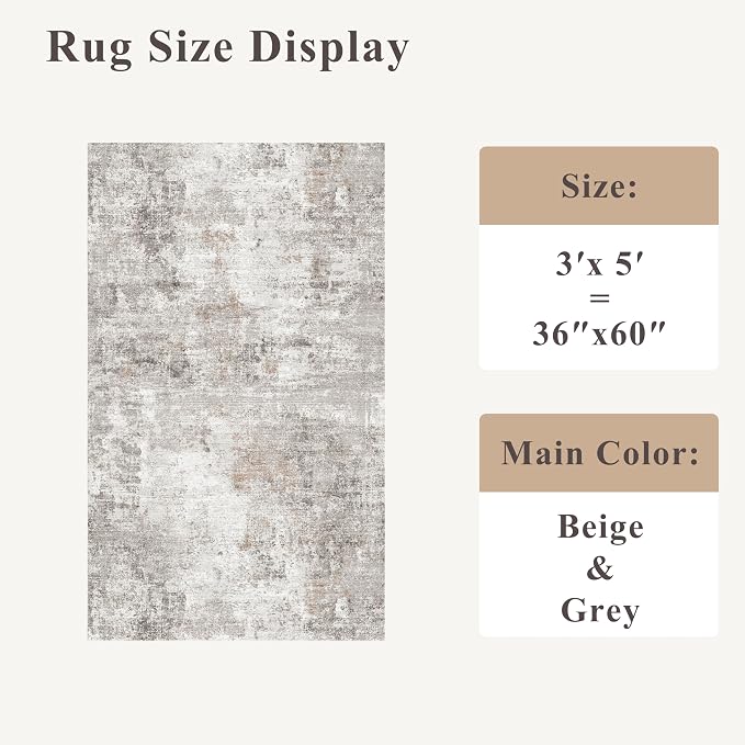 Washable 3x5 Entryway Rug - Non-Slip Soft Low-Pile Thin Small Area Rugs for Kitchen Bedroom Living Room Hallway – Modern Abstract Neutral Door mat Indoor（Beige Grey）