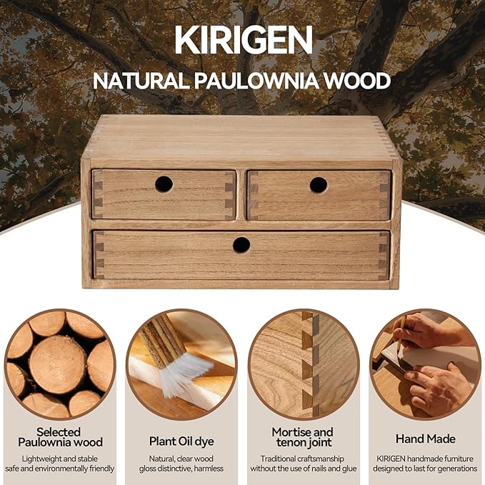 KIRIGEN Wood Desk Organizer with 3 Drawers, Desktop Storage Brown 23-DBR | Wooden Desktop Drawer Hold A4 Papers, Stationery, Jewelry, and Makeup, Fully Assembled for Home Office