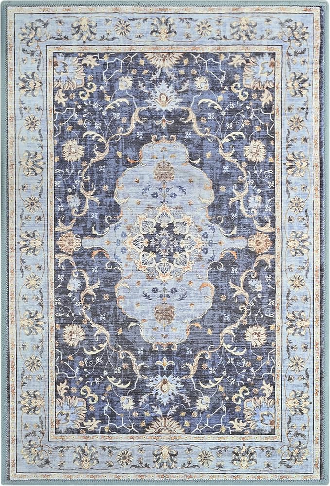 Vasofe Navy Blue 2x3 Small Front Door Mat, Bathroom Rugs, Indoor Entrance Mats, Machine Washable Low-Pile Hallway Entry Carpet, Vintage Floral Print Indoor Floor Throw Carpets for Bedside Kitchen