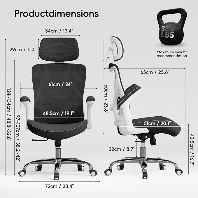 Ergalithic Office Home Ergonomic Desk Chair-Computer X-Shaped Chair Mesh PU Leather with Adjustable Lumbar Support-Executive Chair High Back with Headrest Flip-Up Arms for Long Hours (Light Black)
