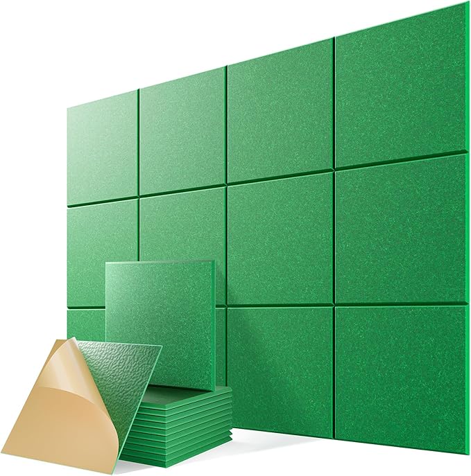 12 Pack Self-Adhesive Acoustic Panels, 12" X 12" X 0.4" High-Density Sound Proof Foam Panels for Walls, Soundproof Wall Panels for Home & Office (Green)